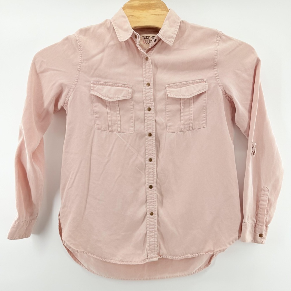 Thread & Supply Shirt Womens Small Button Down Utility‎ Pockets Lyocell Top